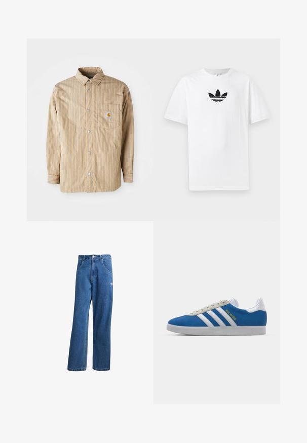 Camisa riscada em bege com linhas azuis, fecho frontal com botões, colarinho clássico, um bolso no peito com logotipo, mangas longas e textura suave.; T-shirt de algodão branco com um logo preto da Adidas no centro. Mangas curtas e um design de gola redonda. Textura suave.; Calças de ganga azul com cintura alta e perna larga, com bolsos frontais, passadores de cinto, fecho de botão e pequeno logótipo da Adidas na coxa direita.; adidas Originals ADIDAS GAZELLE SHOES - Botas de futebol de salão - real madrid/bluebird/footwear white/crew yellow