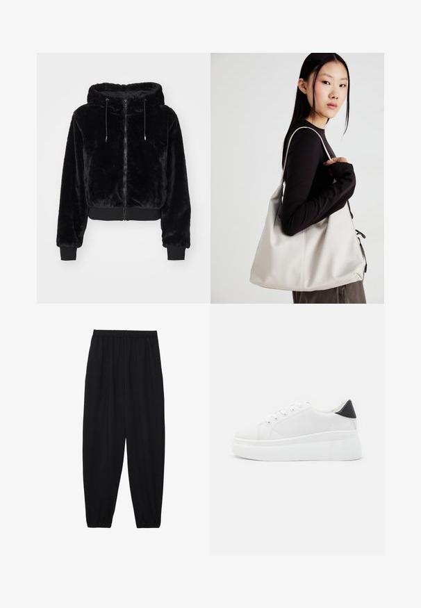 Črna kapuca jopica iz mehkega, plišastega materiala, z sprednjim zadrgo in rebrastimi manšetami ter robom z nastavljivimi vrvicami.; Bela brezrokavnica s okroglim izrezom. Narejena iz gladkega materiala, ima sproščen kroj in minimalističen dizajn. Brez vzorcev ali okrasnih elementov.; Črne, lahke hlače z elastičnim pasom in nabranimi gležnji. Tkanina je gladka in ima sproščen, taperiran dizajn.; Bele platform tenisice izdelane iz gladkega sintetičnega materiala, z zaobljenim prstom, sistemom vezalk in teksturiranim gumijastim podplatom. Črn dodatek na peti.; Bežna torbica iz mehkega materiala, z ohlapno zasnovo, šivi in dvema naramnicama. Primerna za vsakodnevno uporabo.