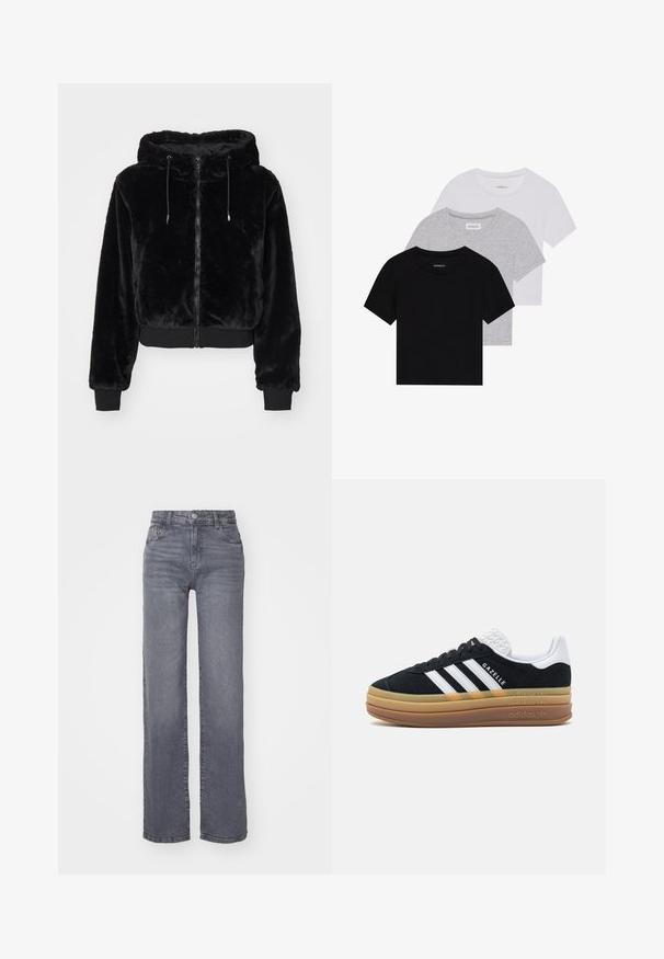 Juodas gobtuvas striukė, pagaminta iš minkštos, pūkuotos medžiagos, su priekiniais užtrauktukais, ir su raukšlėmis rankogaliuose bei apačioje, turinti reguliuojamus raištelius.; Trijų trumpomis rankovėmis marškinėlių rinkinys juodos, pilkos ir baltos spalvos. Pagaminti iš medvilnės, turi apvalų iškirpimą ir paprastą, vientisos spalvos dizainą.; Pilkos plačios kojų džinsai pagaminti iš lygaus džinsinio audinio, su mygtuko ir užtrauktuko uždarymu bei penkiomis kišenėmis.; Juodi zomšiniai sportbačiai su baltais akcentais ir trimis juostelėmis, su tekstūruota balta kulne, guminiai padu ir "Gazelle" ženklu.