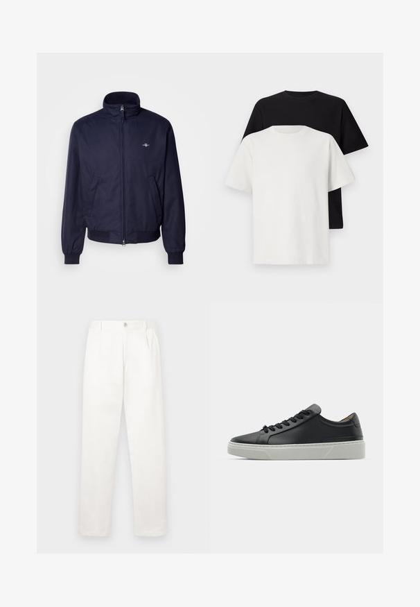 Navy blue bomber jacket made of smooth fabric, featuring a stand collar, front zip, elastic cuffs, and side pockets. Subtle logo detail present.; Cotton t-shirt set featuring a black top and a white top, both with short sleeves, round neckline, and standard fit. Textured fabric.; White trousers made from smooth fabric, featuring a straight leg design, front pleats, and a single button closure at the waist.; Black leather sneaker with a smooth texture, round toe, and black laces. Features a thick, white rubber sole with subtle geometric accents.