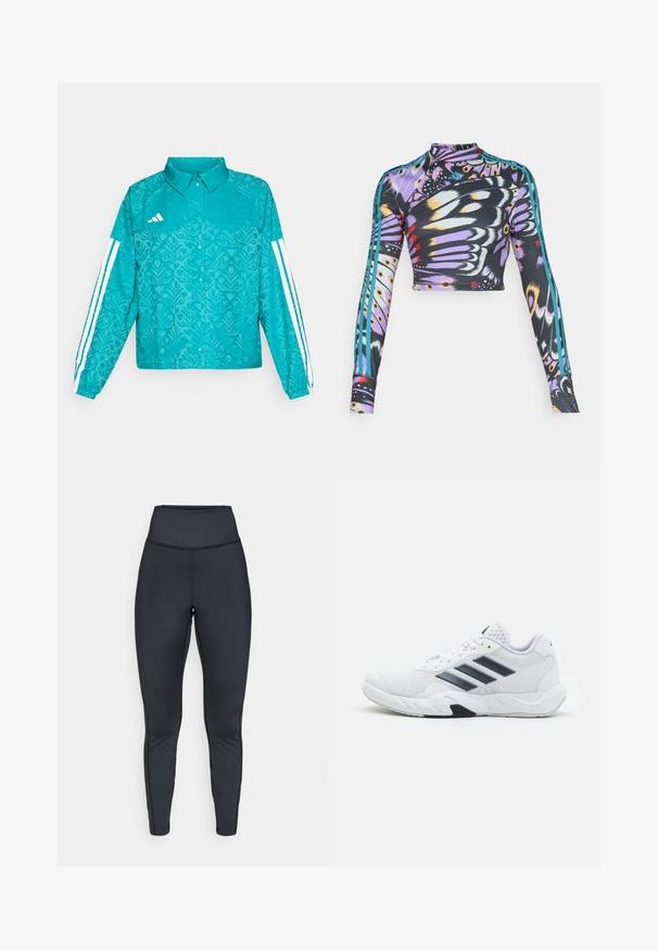 Teal Adidas jakna s cvetličnim vzorcem, belimi tridelnimi trakovi na rokavih, zapiranje z gumbi spredaj in ovratnik na enobarvni podlagi.; Dolge rokave, skrajšan atletski zgornji del s pisanimi vzorci metuljih kril in teal trojnimi črtami na rokavih.; Visoke črne športne legice z ravnimi šivi, zasnovane za tesno prileganje in fleksibilnost.; Bela atletska čevlja z mrežastim zgornjim delom, tremi črnimi črtami na strani, teksturiranimi dodatki in trdim gumijastim podplatom z kontrastnim črnim delom.