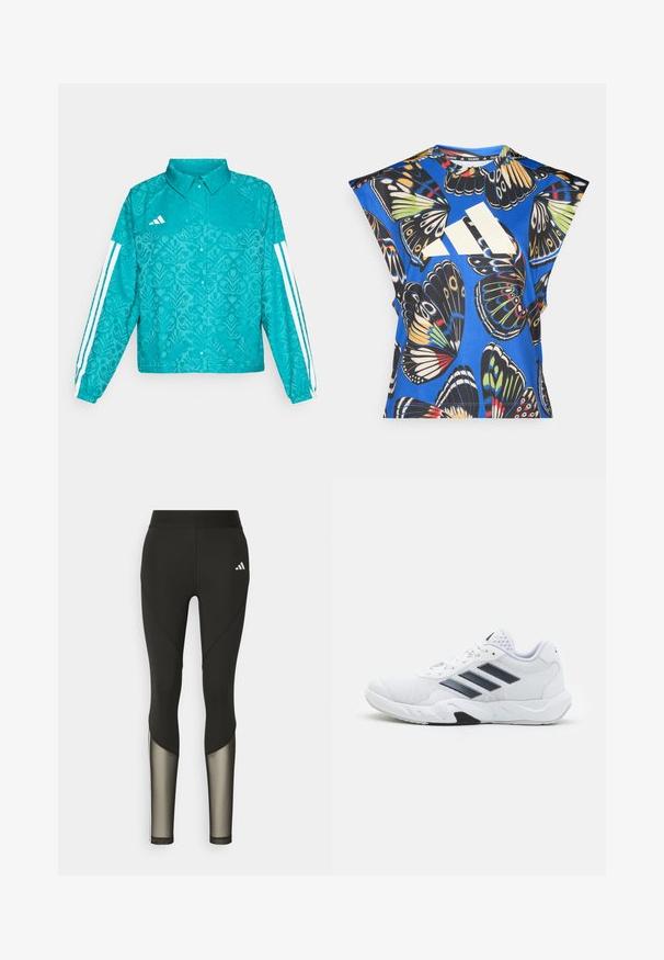 Casaco Adidas teal com padrão floral, design de três riscas brancas nas mangas, fecho de botão de pressão à frente e colarinho, sobre fundo simples.; Camisa azul de mangas curtas com um vibrante padrão de borboletas em várias cores, com um grande logotipo branco na parte da frente e um decote redondo.; Leggings atléticos pretos com uma cintura alta, apresentando detalhes em malha nas pernas inferiores e um logótipo bordado no quadril.; Tênis atlético branco com parte superior em malha, três listras pretas de cada lado, detalhes texturizados e uma sola de borracha resistente com uma seção preta contrastante.