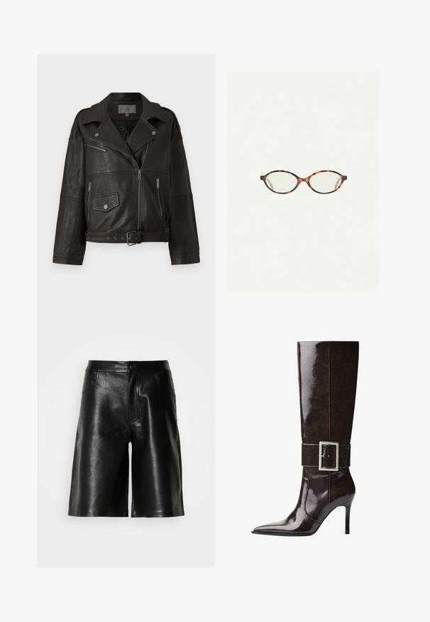 Svart läderbikerjacka med silverfärgade dragkedjor, tryckknappar och sidofickor; har en bälte i midjan och en bred krage.; Grå kortärmad tröja gjord av mjukt, fluffigt material. Har långa ärmar och en rund halsringning, med en slät, lätt textur.; Kortärmad, ljuskrämfärgad topp med rund hals, tillverkad av mjukt tyg. Har en avslappnad passform och slät textur, vilket gör den lämplig för lager-på-lager-stil.; Svarta lädershorts med en smidig yta, med framfickor, dragkedja och skräddarsydd passform.; Mörkbrun knähög läderstövel med spetsig tå, stilettklack och bred rem med stort rektangulärt silverspänne.; Sköldpaddsmönstrade glasögon med ovala linser och en elegant, slät yta. Har tunna sidor med en subtil kurva vid tinningarna. Klara linser.