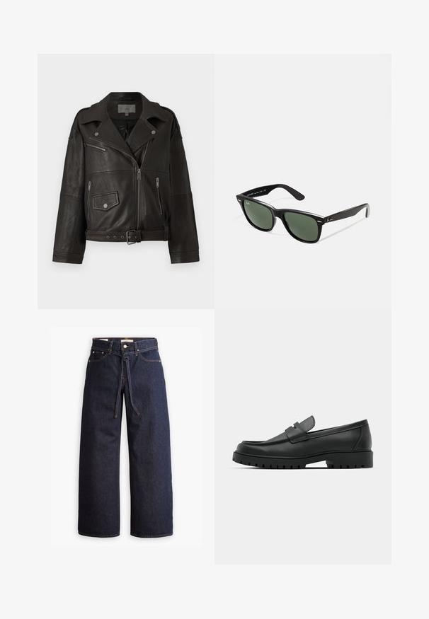 Giacca da motociclista nera in pelle con zip argentate, bottoni a pressione e tasche laterali; presenta una vita con cintura e un design del colletto ampio.; Maglione nero a coste con maniche lunghe, scollo rotondo e silhouette aderente, caratterizzato da una texture liscia su tutta la superficie.; Jeans in denim scuro a gamba larga con vita alta, dotati di un laccio, cinque tasche e dettagli di cucitura a contrasto.; Mocassini in pelle nera con punta rotonda, caratterizzati da un design cucito, suola piatta bassa e un battistrada in gomma testurizzata e scolpita.; Occhiali da sole in plastica nera con lenti verdi, montatura quadrata, dettaglio argento sulla parte superiore e steli con texture. Marchio indicato sulla parte interna dello stelo.; Borsa a mano in pelle marrone con due manici robusti, forma rettangolare, texture liscia e chiusura con zip. Design minimalista senza motivi visibili.