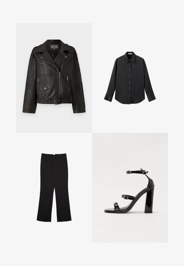 Giacca da motociclista nera in pelle con zip argentate, bottoni a pressione e tasche laterali; presenta una vita con cintura e un design del colletto ampio.; Maglietta nera a maniche lunghe in tessuto morbido, con colletto classico, chiusura frontale con bottoni dorati e polsini ampi.; Pantaloni neri a gamba dritta, con tasche frontali e spacchi laterali all'orlo. Realizzati in tessuto morbido e liscio. Adatti a diverse occasioni.; Sandali con tacco in vernice nera, con punta squadrata, cinturini alla caviglia e fibbie in argento. Presentano un tacco a blocco spesso per maggiore stabilità.