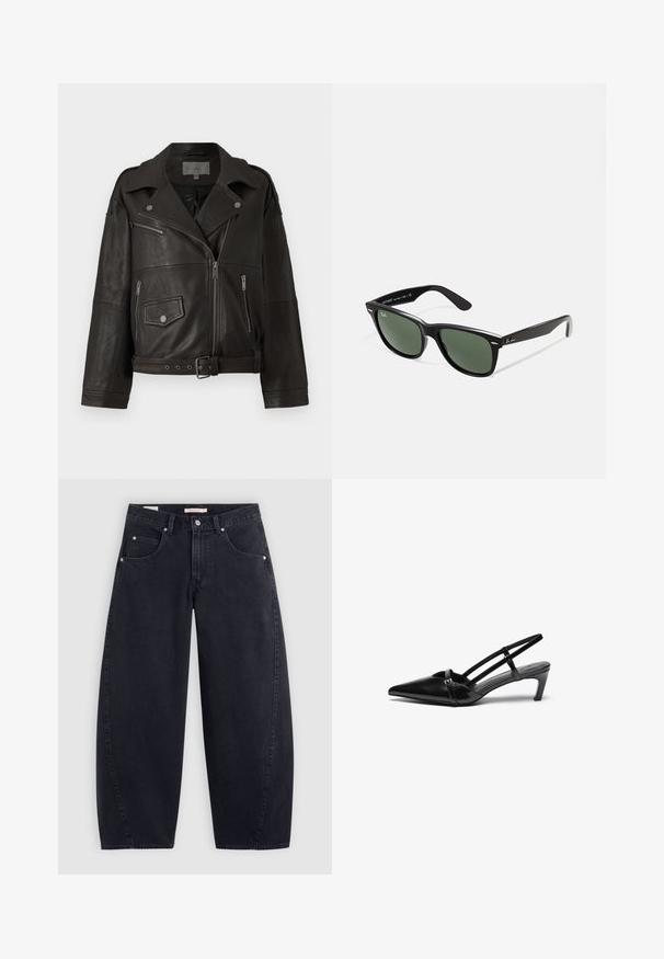 Black leather biker jacket with silver zippers, snap buttons, and side pockets; features a belted waist and wide collar design.; Adidas white striped t-shirt with navy blue accents, featuring a round neck, short raglan sleeves, and bold "adidas" logo on the front.; Black denim wide-leg jeans with a high waist, two front pockets, and silver hardware. Smooth texture, minimal stitching details, and straight cut.; Black patent leather slingback heels with a pointed toe, slender ankle straps, and a mid-height, block heel. Accented with a small buckle detail.; Black plastic sunglasses with green lenses, square frames, silver accent on the brow, and textured temple arms. Stated brand on inner arm.; Black tote bag with two long handles, a zippered top, and a small green crocodile logo centered below the handles.