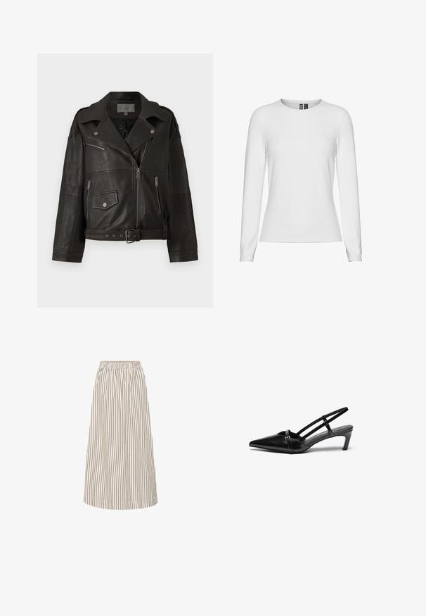 Musta nahkainen moottoripyörätakki, jossa on hopeiset vetoketjut, nepparit ja sivutaskut; varustettu vyöllä ja leveällä kaulalla.; Valkoinen pitkähihainen paita, joka on valmistettu sileästä puuvillasekoitekankaasta. Paita on varustettu pyöreällä kaula-aukolla ja tiukalla muotoilulla, ja hihat on varustettu kynsillä.; Kevyt A-linjainen midi-hame vaaleassa sävyssä, jossa on ohuita ruskeita pystysuoria raitoja. Varustettu elastisella vyötäröllä ja sileällä, virtaavalla kankaalla.; Mustat kiiltonahkaiset slingback-kyntterät, joissa on terävä kärki, ohuet nilkkaremmit ja keskikorkea, lohkokanta. Koristeltu pienellä solkiosalla.