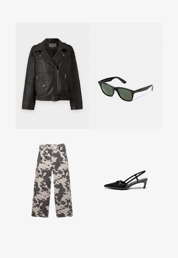 Zwart leren motorjack met zilveren ritsen, drukknoopsluitingen en zijzakken; heeft een taille met riem en een breed kraagontwerp.; Witte lange mouwen shirt gemaakt van zachte stof. Kenmerkt zich door een getailleerd ontwerp met geplooid detail bij de taille en een ronde halslijn.; Wijd gesneden jeans in een beige kleur met een bruin koeienprintpatroon. Voorzien van een knoopsluiting en een design met vijf zakken. Gemaakt van denimstof.; Zwarte gepatineerde leren slingback schoenen met een spitse neus, enkele banddetails en een lage, gestructureerde hak. Glad materiaal met minimale accenten.; Zwarte plastic zonnebril met groene lenzen, vierkante montuur, zilveren accent op de wenkbrauw en een gestructureerde tempel. Merken vermeld op de binnenkant van de arm.