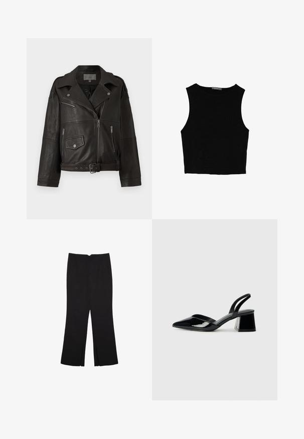 Sort læder bikerjakke med sølv lynlåse, trykknapper og sidelommer; har en bælte talje og bred krave design.; Sort ærmeløs crop top lavet af glat stof, med rund hals og et rent, enkelt design uden mønstre eller hardware.; Sorte bukser med lige pasform, der har frontlommer og slidser i kanten. Lavet af blødt, glat stof. Velegnet til forskellige anledninger.; Sorte patentlæder slingback hæle med spids tå og en geometrisk blok hæl. Har et elegant, minimalistisk design og en glat tekstur.