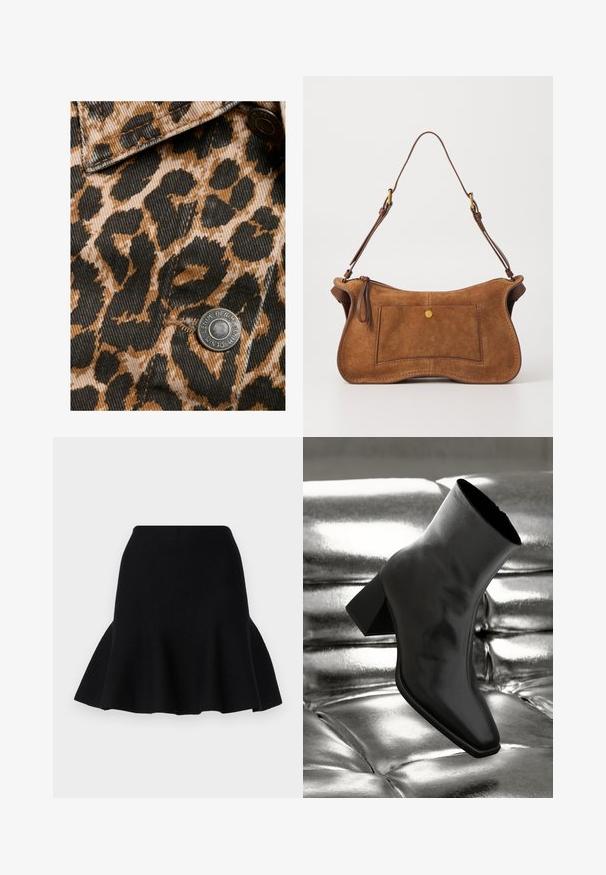 Denim w wzór lamparta w odcieniach brązu i czerni, z metalowym zatrzaskiem, o teksturowanej powierzchni i widocznym przeszyciu.; Biały sweter z golfem o splocie warkoczowym, o skróconym kroju, z prążkowanymi mankietami i dolnym wykończeniem. Miękka faktura z przytulnym, grubym wzorem.; Czarna spódnica w kształcie dzwonu wykonana z miękkiego materiału. Posiada dopasowaną talię i falistą linię dołu, tworzącą warstwowy efekt.; Czarne botki za kostkę wykonane z błyszczącego materiału, z kwadratowym noskiem i zwężającym się obcasem, na tle błyszczącego srebrnego tapicerowanego tła.; Dolce Vita JOSIE brązowy; Złote kolczyki o gładkim, zaokrąglonym kształcie, z błyszczącą powierzchnią i zapięciu na sztyft, zapewniającym bezpieczne noszenie.