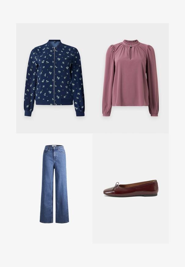 Tengeri bombázó dzseki világoskék és zöld virágmintával, elülső cipzárral, bordás mandzsettákkal és szegéllyel a feszes megjelenés érdekében.; Hosszan ujjú mályva blúz, gyűrt gallérral, kislyukú nyakkivágással, gombos záródással és enyhén puffos vállakkal.; Világoskék, széles szárú farmernadrág magas derékkal, két elülső zsebbel és látható varrással. Gombos és cipzáros záródás.; Burgundi lakkbőr balettcipő kerek orral, elöl kis masni díszítéssel és alacsony, fekete gumi talppal. Simára csiszolt felület.