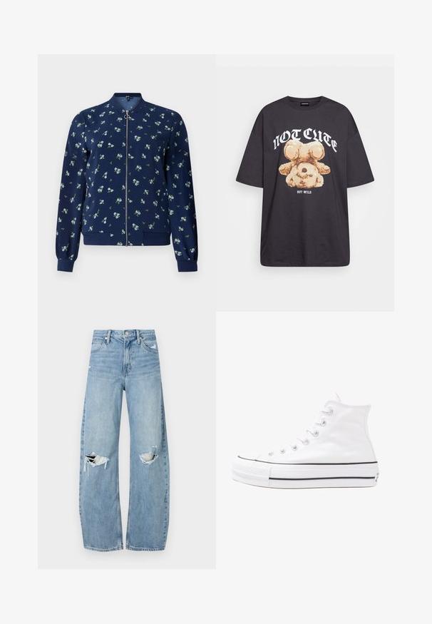 Jachetă de bombardier de marină, cu un model floral în nuanțe de albastru deschis și verde, dotată cu un fermoar frontal, manșete și tiv din bumbac pentru un aspect ajustat.; Tricou oversized negru featuring un grafic cu un urs și textul „NU E DRĂGUȚ DAR SUNT SĂLBATIC” în litere albe, îndrăznețe. Material din bumbac.; Jeans de denim, de un bleu deschis, cu talie înaltă. Au picioare late, două zone rupte la genunchi și un stil clasic cu cinci buzunare.; Adidași albi tip pantofi sport cu glezna din pânză, cu talpă din cauciuc negru, capac de vârf din cauciuc frontal și șase ochiuri pentru șireturi, având un design curat și minimalist.