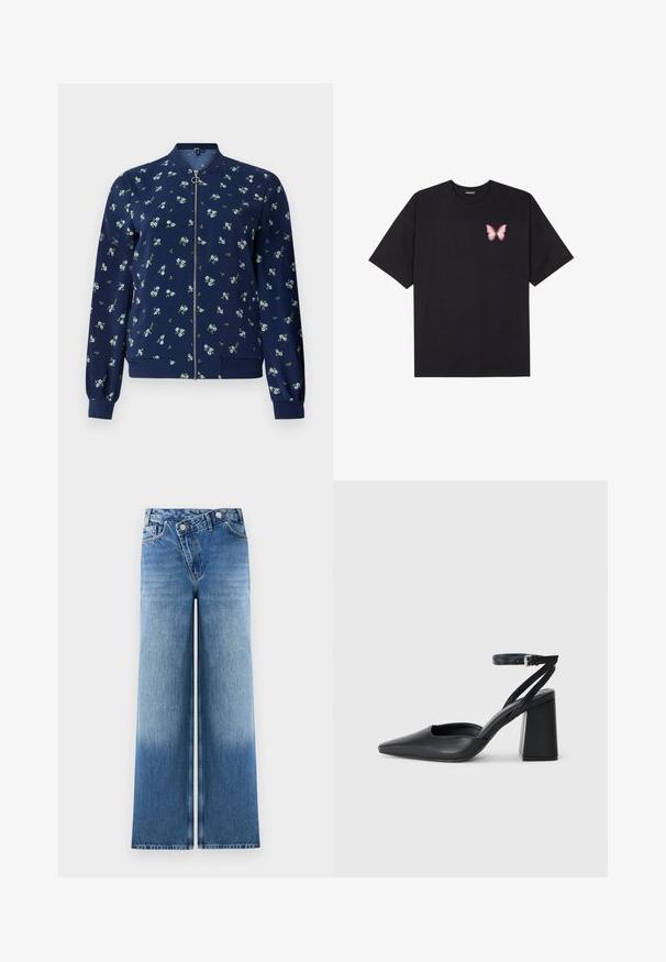 Jūros laivyno bombonešio striukė su šviesiai mėlynu ir žaliu gėlių raštu, su priekiniu užtrauktuku, išilginėmis rankogalių ir apvadų detalėmis, suteikiančiomis prigludusį įvaizdį.; Juodas medvilnės marškinėliai trumpomis rankovėmis, su maža rožine drugelio grafika kairėje krūtinės pusėje. Apvalus kaklo iškirpimas, laisvas kirpimas.; Šviesiai mėlynos plačios kojų džinsai su išblukusia danga, turintys klasikinį penkių kišenių dizainą ir metalinius mygtukus juosmens srityje.; Juoda odinė smailiagalė aukštakulnio bateliai su kulkšnies dirželiu ir storu kulnu. Lygus paviršius, elegantiškas dizainas ir minimalistiška estetinė.