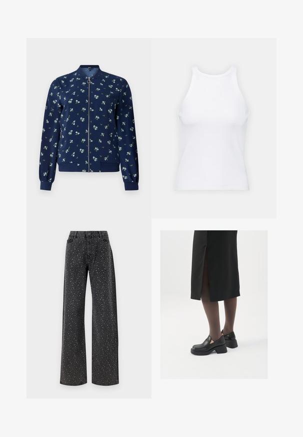 Navy bomber jacket featuring a floral pattern in light blue and green, with a front zipper, ribbed cuffs, and hem for a fitted look.; White sleeveless tank top made of ribbed fabric, featuring a rounded neckline and a fitted silhouette, with minimal seams and no embellishments.; Noisy May NMJANNEL LOOSE - Relaxed fit jeans - black denim; Black leather shoes with a rounded toe, thick block heel, and elastic side accents, paired with dark tights and a black skirt with a slit.
