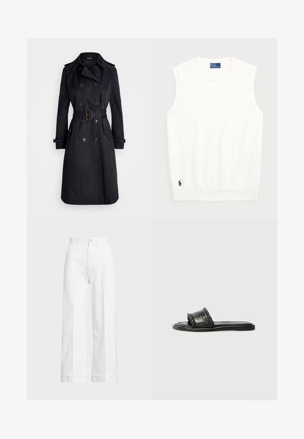 Marinblå trenchcoat i slät tyg med dubbelknäppta knappar, bältesmidja och axelremmar, med klassisk krage och klädd fickor.; Vit ärmlös sweater gjord av mjuk bomull, med en ribbad nederkant och en liten marinblå logga på nedersta vänstra delen. Enkelt design, utan mönster.; Vita vida byxor med hög midja, med knappstängning och subtila sömmar. Tillverkade av bomull med en slät textur.; Svart läder sandal med en vävd remdetailj, platt sula och en stilren design. Slät yta och minimalistisk profil.