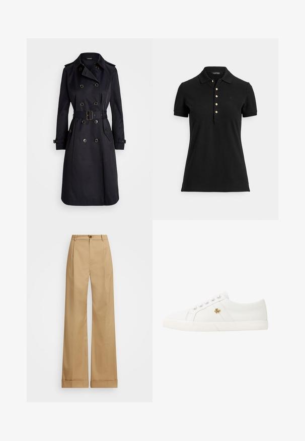 Jūreivių paltas, pagamintas iš lygios medžiagos, su dvigubais mygtukais, diržu per liemenį ir pečių iškarpomis, turintis klasikinį apykaklę ir užlenkiamas kišenes.; Juoda polo marškinėliai iš tekstūruotos medžiagos, turintys apykaklę, trumpas rankoves ir apatinę dalį su auksiniais mygtukais. Švelnus logotipo detalė ant krūtinės.; Šviesiai rudos plačios kojinės kelnės su mygtuko uždarymu, pasižyminčios lygia medžiaga ir prispaustomis raukšlėmis. Kantai yra su apvadu, suteikiančiu papildomą detalę.; Lauren Ralph Lauren JANSON II CANVAS SNEAKER - Sportbačiai - optic white