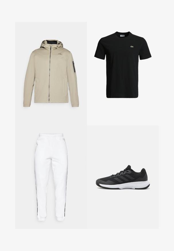 Bežová bunda so zapínaním na zips vpredu, s pripevnenou kapucňou a bočnými vreckami. Obsahuje vrecko na zips na ramene a diskrétnu logovú detail na hrudi.; Čierne bavlnené tričko s okrúhlym výstrihom, krátkymi rukávmi a malým zeleným logo krokodíla na ľavej hrudi. Hladká textúra, ležérny dizajn.; Biele teplákové nohavice s elastickým pásom, s čiernymi bočnými pruhmi a manžetami. Vyrobené z mäkkej tkaniny s hladkým povrchom.; Čierna atletická topánka s textúrovaným zvrškom, s tromi horizontálnymi pruhmi a bielou podrážkou s vzorovaným profilom. Ľahký a aerodynamický dizajn.