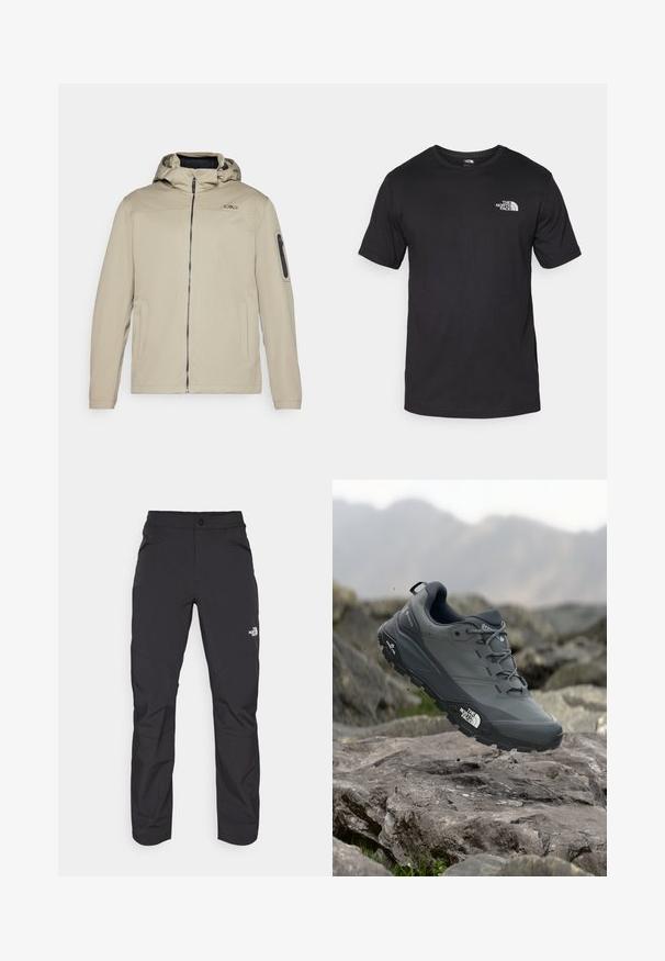 Beige jacket with a zippered front, attached hood, and side pockets. Features a zippered arm pocket and subtle logo detail on the chest.; Black short-sleeve t-shirt made of cotton, featuring a round neckline and a small white logo on the upper left chest area.; Black outdoor pants with a zippered front pocket, synthetic material, tapered legs, and reinforced knee panels. Features a button closure.; Grey trail running shoe with a textured upper, durable rubber sole, and reinforced toe cap. Features laces and brand logo on the side.