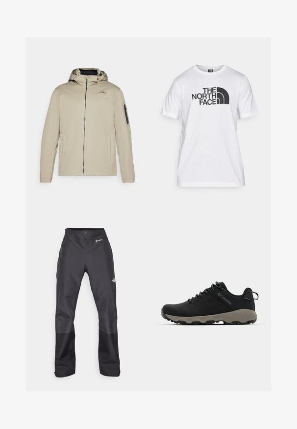 Giacca beige con chiusura a zip frontale, cappuccio integrato e tasche laterali. Caratterizzata da una tasca con zip sul braccio e un dettaglio logo discreto sul petto.; T-shirt bianca in cotone con stampa grafica nera che presenta testo e un design del logo curvo. Collo rotondo e maniche corte. Texture semplice.; Pantaloni impermeabili neri con una texture liscia, dotati di un logo GORE-TEX sulla parte anteriore e rinforzi sulle gambe inferiori per una maggiore durata.; Scarpa da trekking nera con tomaia liscia, design perforato, suola grigia e tallone rinforzato. Caratterizzata da lacci e un anello per una facile calzata.