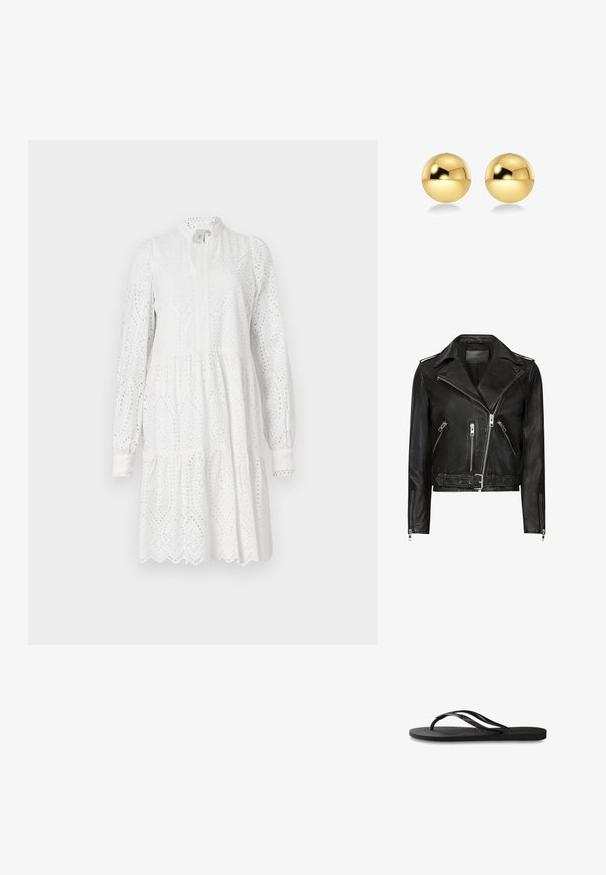 Melnas ādas motocikla jaka ar asimetrisku priekšpusi, vairākiem rāvējslēdzēju kabatām, platām atlokām un jostu viduklī. Klasisks dizains.; Balta garām piedurknēm kleita ar acu izšuvumu, augstu apkakli un daudzslāņu svārkiem. Iezīmē viļņotu apakšmalu un nelielu savilkumu viduklī.; Melni čības ar teksturētu gumijas zoli, divām plānām siksniņām un smalku, iespiedotu logotipa detaļu uz siksniņas.; Zeltainas sfēriskas auskaru pušķis ar mirdzošu, atstarojošu virsmu. Dizains ir vienkāršs un gluds, radot modernu, minimālistisku izskatu.