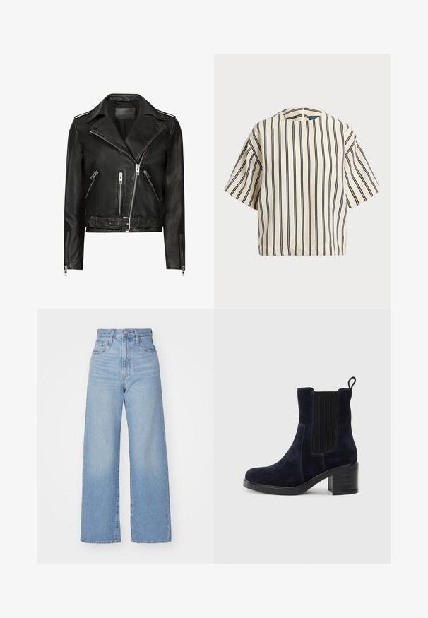 Jaqueta de moto em couro preto com fechos de zíper assimétricos na frente, múltiplos bolsos com zíper, lapelas largas e cintura com cinto. Design clássico.; Top de manga curta, riscado em creme e azul marinho, com decote redondo e design boxy em tecido texturizado.; Jeans de cintura alta e perna larga em azul claro, com fecho frontal de botão e zíper, bolsos frontais e traseiros, sobre um fundo branco.; Bota de tornozelo em camurça azul-marinho com painel elástico lateral, bico redondo e salto bloco. O tecido texturizado e a sola lisa criam um contraste.