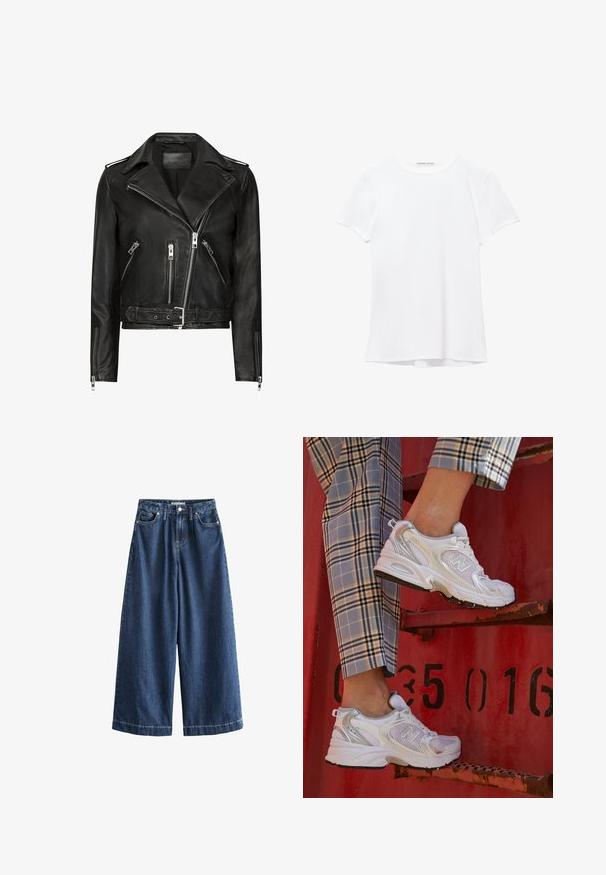 Schwarze Leder-Motorradjacke mit asymmetrischen Frontreißverschlüssen, mehreren Reißverschlusstaschen, breiten Revers und einem Gürtel in der Taille. Klassisches Design.; Weißes T-Shirt mit kurzen Ärmeln aus glatter Stoffqualität, mit rundem Ausschnitt und dezenten Nähten am Saum.; Hellebeiniges Denim-Hosen aus dunkelblauem Stoff. Hergestellt aus robustem Baumwollmaterial, mit hoher Taille, vorderen Taschen und geraden, verkürzten Säumen mit sichtbaren Nähten.; Weiße Mesh-Sneaker mit silbernen Akzenten und einer strukturierten Sohle, platziert auf einer roten Oberfläche, kombiniert mit karierter Hose.
