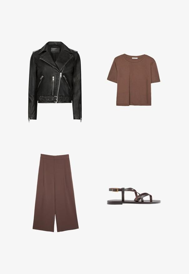 Černá kožená motorkářská bunda s asymetrickými zipy vpředu, několika zipovými kapsami, širokými klopami a pasem na opasek. Klasický design.; Hnědé tričko s krátkým rukávem vyrobené z měkké látky, s kulatým výstřihem a volným střihem. Bez viditelných vzorů nebo dekorací.; Hnědé široké kalhoty s hladkou texturou, vysokým pasem a předními záhyby. Materiál je lehký a volně splývá.; Hnědé kožené sandály s kříženými pásky, uzavřením na přezku u kotníku a plochou podrážkou s minimem švů.