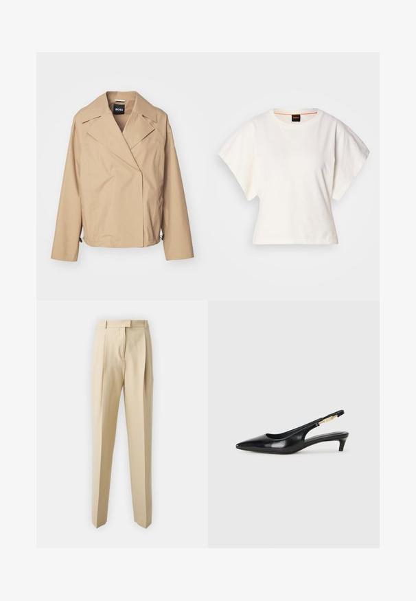 Veste beige, légère, à manches longues avec un col à revers, design double boutonnage et léger éclat ; dispose de poches latérales et d'un ourlet ajustable.; T-shirt blanc cintré, manches courtes et larges, en coton doux, décolleté rond avec une discrète bordure orange, design minimaliste, sans motifs ni graphiques.; Pantalons beiges ajustés avec une coupe droite, dotés de plis, d'une ceinture et d'une texture lisse. Pas de poches visibles ni d'ornements.; Talons hauts en cuir noir avec un bout pointu, dotés d'un talon fin et d'un accent en ton or sur la lanière réglable. Texture lisse.