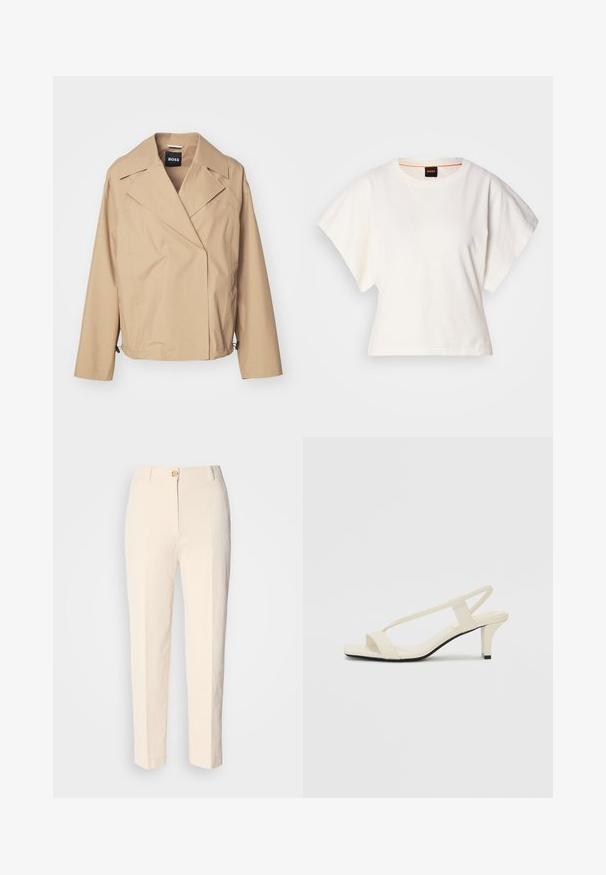 Jachetă bej, ușoară, cu mânecă lungă, guler cu revere, design cu două șiruri de nasturi și o strălucire subtilă; prezintă buzunare laterale și tiv reglabil.; Tricou alb scurt, cu mâneci scurte și largi, din bumbac moale, cu decolteu rotund și un finisaj subtil portocaliu, design minimalist, fără modele sau grafice.; Pantaloni crem, cu talie înaltă, dintr-un material texturat. Au închidere cu nasture în față și picioare conice.; Sandale bej cu toc bloc, cu bretele subțiri și vârf pătrat. Material neted cu detalii minime, concepute pentru a fi ușor de purtat.