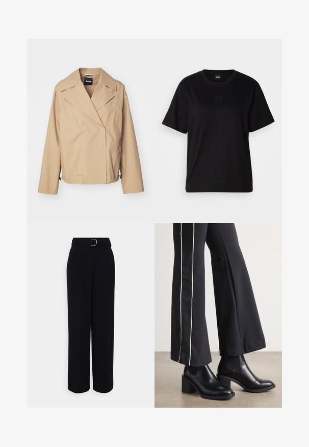 Beige, letvægts, langærmet jakke med klapkrave, dobbeltradet design og subtil glans; har sidelommer og justerbar kant.; Sort bomulds t-shirt med rund halsudskæring, korte ærmer og et broderet logo på brystet. Enkel, afslappet pasform uden mønstre.; Sorte skræddersyede bukser med en bredbenet silhuet, der har et bælte med en sølvfarvet spænde, plisseringer og en glat stofoverflade.; Sorte læder ankelstøvler med blokhæle, udstyret med elastiske sidepaneler. Kombineret med sorte bukser, der har en hvid side stripe.