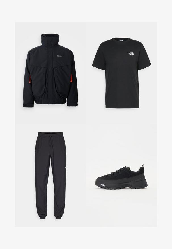 Schwarze wasserdichte Jacke mit hohem Kragen, zwei großen Fronttaschen und orangen Kordelzügen. Verfügt über ein weiches Innenfutter und elastische Bündchen.; Schwarzes Baumwoll-T-Shirt mit kurzen Ärmeln, Rundhalsausschnitt und einem kleinen weißen Logo auf der linken Brust. Schlichtes Design, glatte Textur und lockere Passform.; Schwarze Sporthosen aus leichtem Stoff, mit einem Kordelzugbund, seitlichen Taschen und schmal zulaufenden Bündchen an den Knöcheln.; Schwarzer Outdoorsneaker mit einem Obermaterial aus Wildleder, strukturierter Gummisohle und robustem Schnürsystem. Verfügt über eine verstärkte Ferse und das Markenlogo an der Seite.