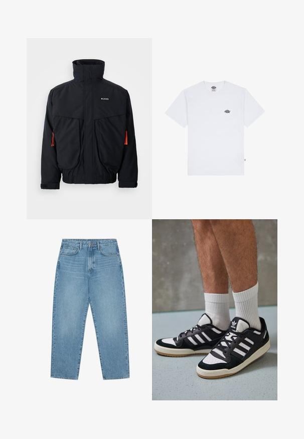 Sort vandtæt jakke med høj krave, to store forlommer og orange snoretræk. Har en blød inderside og elastiske manchetter.; Hvid bomulds t-shirt med korte ærmer, der har et lille sort logo på brystet og et mærke i det nederste venstre hjørne.; Lys blå denim wide-leg jeans med høj talje, der har fem lommer, bæltestropper og en blød, let falmet tekstur.; Sorte og hvide sneakers med en overdel i ruskind og læder, der har tre hvide striber, en perforeret tå og en sål i gummigummi.