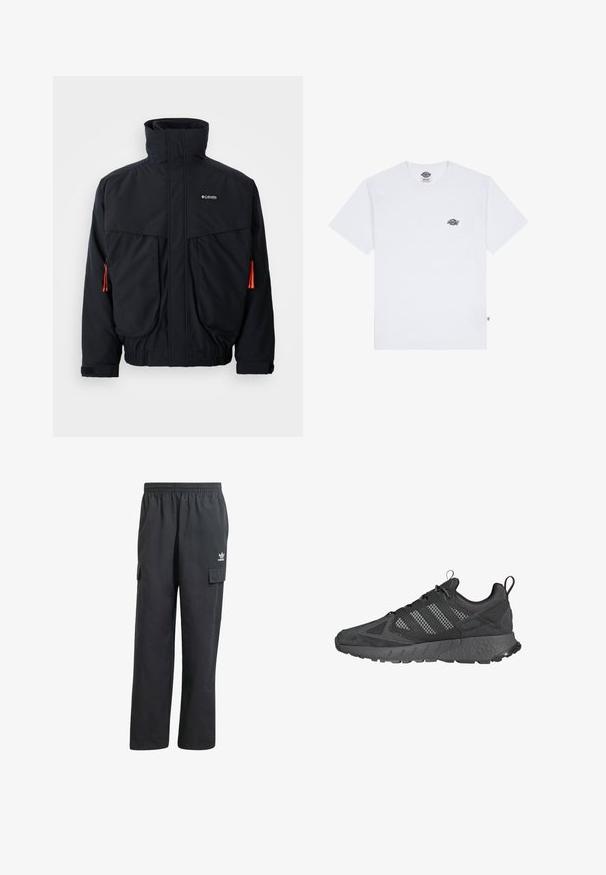 Zwarte waterdichte jas met hoge kraag, twee grote voorzakken en oranje trekkoorden. Voorzien van een zachte binnenvoering en elastische manchetten.; Witte katoenen t-shirt met korte mouwen, met een klein zwart logo op de borst en een label in de linkerbenedenhoek.; Zwarte cargobroek met een elastische tailleband, twee zijzakken en een subtiel logo op de linker dij. Gemaakt van een lichtgewicht stof.; Zwarte sportieve schoenen met een bovenwerk van mesh en suede, een gestructureerde rubberen zool, een gevoerde kraag en een kenmerkend ontwerp met drie strepen in het grijs.