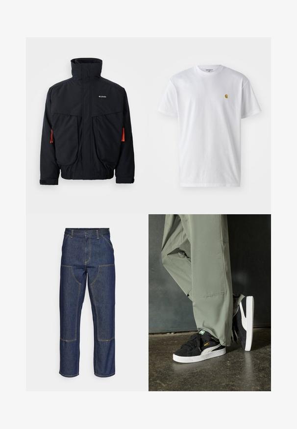 Zwarte waterdichte jas met hoge kraag, twee grote voorzakken en oranje trekkoorden. Voorzien van een zachte binnenvoering en elastische manchetten.; Witte katoenen t-shirt met korte mouwen en ronde hals, voorzien van een klein gouden logo op de linkerkant van de borst. Zachte textuur en een normale pasvorm.; Donkerblauwe denim jeans met een hoge taille, rechte pijpen, contrasterende stiksels en opgestikte zakken aan de voorkant.; Zwarte suède sneakers met witte rubberen zolen en zijstrepen, gecombineerd met lichtgroene cargobroeken, staande op een gestructureerd donker oppervlak.