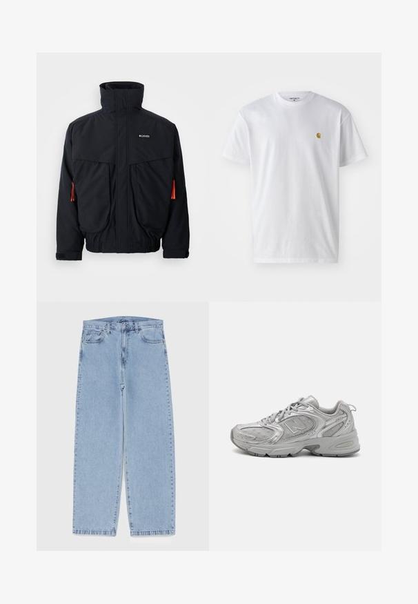 Juodas vandeniui atsparus švarkas su aukštu apykakle, dviem didelėm priekinėm kišenėm ir oranžinėm raišteliais. Yra minkšta vidinė pamušala ir elastingi rankogaliai.; Balta medvilnės marškinėliai su trumpomis rankovėmis, apvalia iškirpte, kuriuose kairėje krūtinės pusėje yra mažas auksinis logotipas. Minkšta tekstūra ir reguliari forma.; Šviesiai mėlyni džinsai su tiesiomis kojomis, turintys vidutinio aukščio juosmenį, penkias kišenes ir mygtuko bei užtrauktuko uždarymą.; Sidabriniai sportiniai bateliai su šiuolaikiniu dizainu, tinklelio panelėmis, paminkštinta liežuvėliu, tekstūruotu sintetiniu viršumi ir guminiais padu, užtikrinančiais sukibimą.