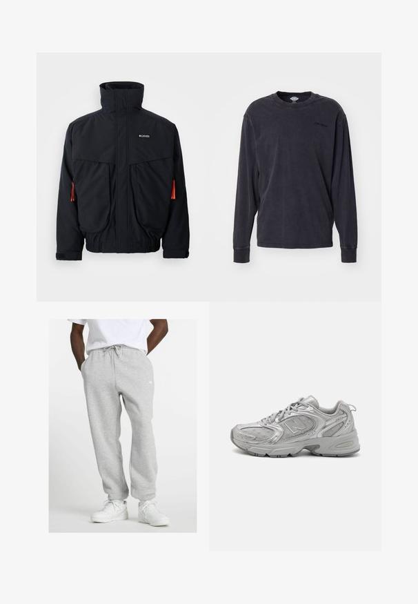 Fekete vízálló dzseki magas gallérral, két nagy elülső zsebbel és narancssárga húzózsinórokkal. Puha bélés és rugalmas mandzsetta jellemzi.; Hosszú ujjú, sötét szénszürke póló, puha pamutból készült. Kerek nyakkivágással és hímzett logóval a mellrészen. Klasszikus szabású.; Férfi világosszürke melegítőnadrágban, fehér cipőben áll, kezét zsebébe dugva, fehér háttér előtt.; Ezüst sportcipő, amely sima dizájnú, hálós panelekből áll, párnázott nyelve van, texturált szintetikus felsőrésze van, és gumitalpa biztosítja a tapadást.
