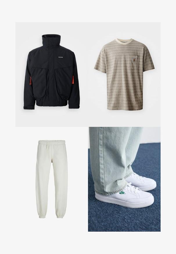 Black waterproof jacket with high collar, two large front pockets, and orange drawstring accents. Features a soft inner lining and elastic cuffs.; Short-sleeve striped t-shirt in beige and brown, featuring a crew neckline and a chest pocket with a logo patch. Textured fabric.; White sweatpants made from soft fabric, featuring an elastic waistband and cuffs, with a smooth texture and loose-fitting design.; White leather sneakers with green Nike logo, round toe, flat sole, paired with light blue denim pants, shown on a blue carpet.