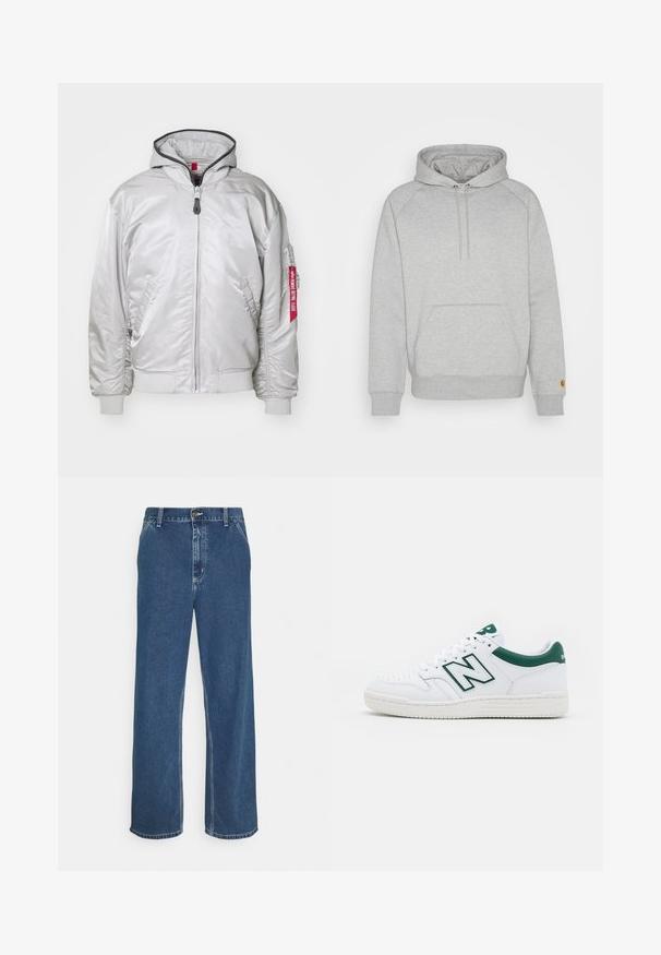 Sidabrinis bombos tipo džemperis su užtrauktuku priekyje, sutrauktais rankogaliais ir šoninėmis kišenėmis. Turime gobtuvą ir audinio žymeklį ant rankovės. Lygi tekstūra.; Pilkas su kapuce džemperis su kengūros kišene, raštuotais rankogaliais ir apačia, ant kairiojo rankovės su logotipo panele. Minkšta audinio tekstūra.; Mėlyni džinsai su tiesiu kirpimu, penkių kišenių dizainu, metaliniu sagatavu uždarymu ir matomomis siūlėmis palei siūles ir kraštus.; Balti sportiniai bateliai su žaliais akcentais, odinis viršus, perforuota kojų dalis, raištelių uždarymas ir tekstūruotas gumos padas. Savybėje yra ryškus "N" logotipas.