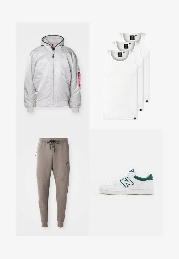 Giacca bomber argento con zip frontale, polsini a coste e tasche laterali. Presenta un cappuccio e un'etichetta in tessuto sulla manica. Texture liscia.; Tre canotte bianche a coste in cotone. Presentano un colletto rotondo e piccole etichette nere vicino all'orlo. Disponibile in diverse taglie.; Pantaloni sportivi Nike grigi con cintura regolabile, gambe affusolate, tasche laterali e dettagli di cucitura distintivi. Tessuto morbido e texture.; Sneaker bianco con accenti verdi, tomaia in pelle, punta perforata, chiusura con lacci e suola in gomma testurizzata. Presenta un logo "N" ben visibile.