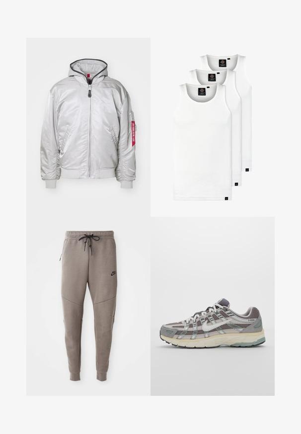 Hõbedane pommijakk, millel on lukuga esikülg, soonikkoes varrukad ja küljetaskud. Varustatud kapuutsiga ja kangast sildiga varrukal. Sujuv tekstuur.; Kolm valget ribaga t-särki, mis on valmistatud puuvillast. Omavad ümmargust kaelanõhku ja väikseid musti silte hemme lähedal. Saadaval erinevates suurustes.; Hallide Nike dressipüksid, millel on nööriga vöökoht, kitsenevad sääred, küljetaskud ja eristuv õmbluse detail. Pehme, tekstureeritud kangas.; Hallus hallitus jalanõud, millel on võrgust ja sametist ülemine osa, valged rõhutused, pehme tald ning eristuv disain peegelduvate elementidega.