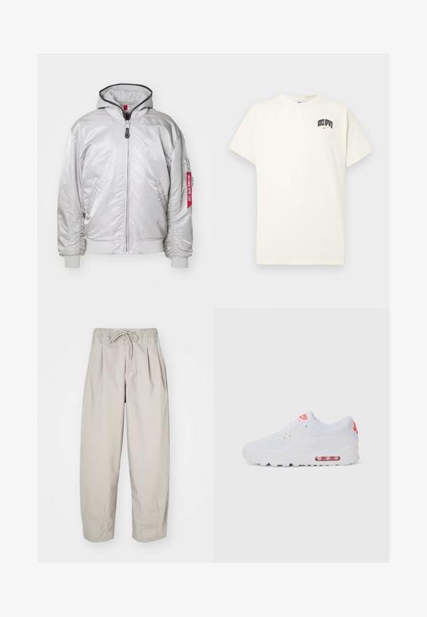 Srebrna kurtka bomber z zamkiem błyskawicznym z przodu, ściągaczami przy mankietach i bocznymi kieszeniami. Posiada kaptur oraz metkę materiałową na rękawie. Gładka tekstura.; Beżowa bawełniana koszulka z krótkim rękawem, z napisem "NIKE SB" w czarnym i czerwonym kolorze na klatce piersiowej. Klasyczny okrągły dekolt.; Beżowe, lekkie spodnie z elastycznym pasem i sznurkiem do regulacji. Posiadają pliski i luźny krój, wykonane z miękkiego, gładkiego materiału.; Białe sportowe sneakersy z gładką cholewką, sznurowaniem, wyściełaną podeszwą i widoczną jednostką powietrzną z czerwonymi akcentami na oznaczeniach.