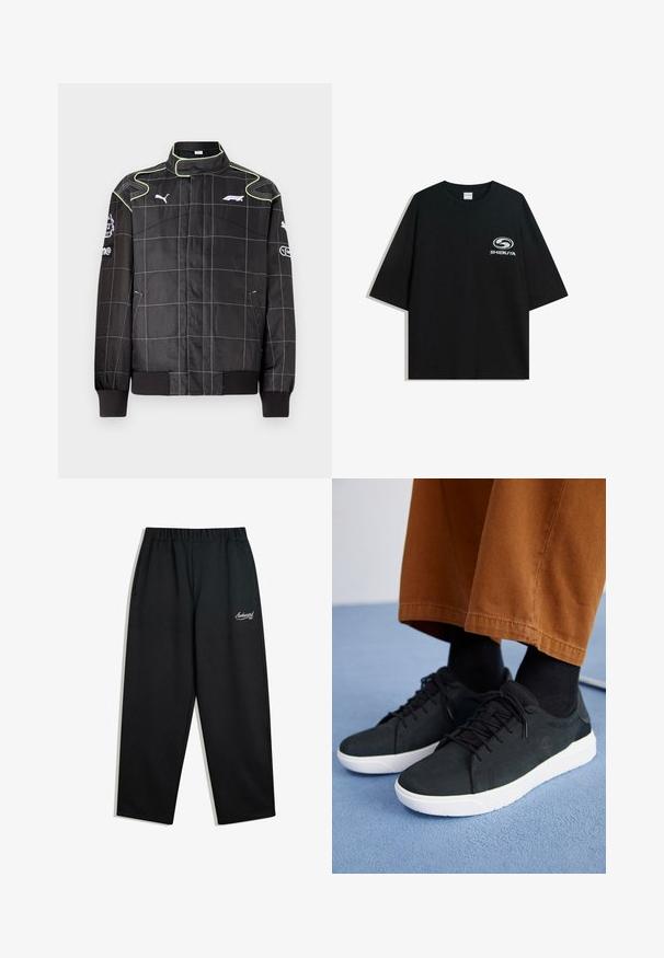 Musta kilpa-ajotakki ruudukkomallilla, jossa on vihreät ompeleet, korkea kaulus ja ribbikuvioidut hihat. Logot hihoissa ja rinnassa. Kevyt materiaali.; Mustat ylipitkät puuvillapaidat, joissa on pyöreä kaula-aukko ja lyhyet hihat, etuosassa valkoinen "Shibuya" -logo.; Mustat, löysät collegehousut, joissa on elastinen vyötärönauha, sivutaskut ja pieni valkoinen logo vasemmassa reidessä. Teksturoitu kangas.; Musta mokkanahkakengät valkoisilla kumipohjilla, joissa on nauhakiinnitys, teksturoituja yksityiskohtia ja huomaamatonta brändäystä, yhdistettynä ruskeisiin housuihin.