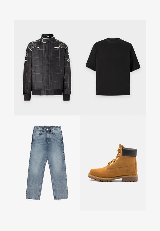 Must musta raceriiet, millel on ruuduline muster, roheline õmblus, kõrge kaelus ja soonikkoes mansetid. Logod varrukatel ja rinnal. Kerge materjal.; Must musta lühikeste varrukatega T-särk laia lõikega, valmistatud siledast puuvillast, ümarate kaelustega ja minimalistlikus disainis.; Heledad sinine teksad sirge lõikega, nähtavate õmblustega, viie taskuga disain ja nupuga kinnitamine vööl.; Küpset tan suede sääreboot musta pehmea kraega, kuldsed metallist silmad, valge õmblemise detailid ja robustne kummist tallaga, millel on väljendunud mustrid.