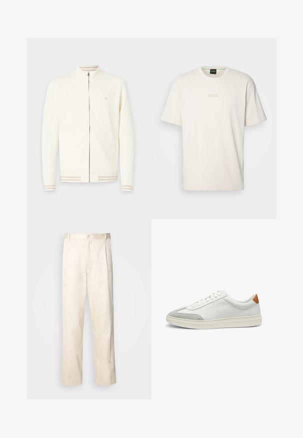 Cream-colored zip-up jacket made of soft fabric, featuring a high collar, ribbed cuffs with beige stripes, and a small logo on the chest.; BOSS TEE - Basic T-shirt - open white; Beige cotton trousers with a straight-leg cut, featuring a button closure and pleats at the front for added detail.; White leather sneakers with gray suede accents and a tan leather heel tab. Features a textured surface and lightweight sole.