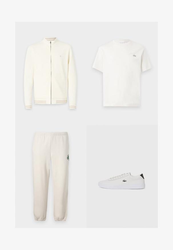 Kreemivärvi lukuga jakk, mis on valmistatud pehmest kangast, millel on kõrge krae, ribitud mansetid beezhides triipudes ja väike logo rinnal.; Valge puuvillane T-särk lühikeste varrukatega, millel on diskreetne brodeeritud logo ja minimalistlik disain. Pehme tekstuur, ümar kaelusekujundus.; Heledadbežased püksid, mis on valmistatud puuvillast, varustatud elastse vöökohtaga, soonikute lõpetustega ja vasakul jalal on roheline logo lehe kujundusega.; Valge nahast tenniseking ümara ninaga, lukkude ja musta kontsa aktsendiga. Külgedel on väike broderi krokodilli logo.