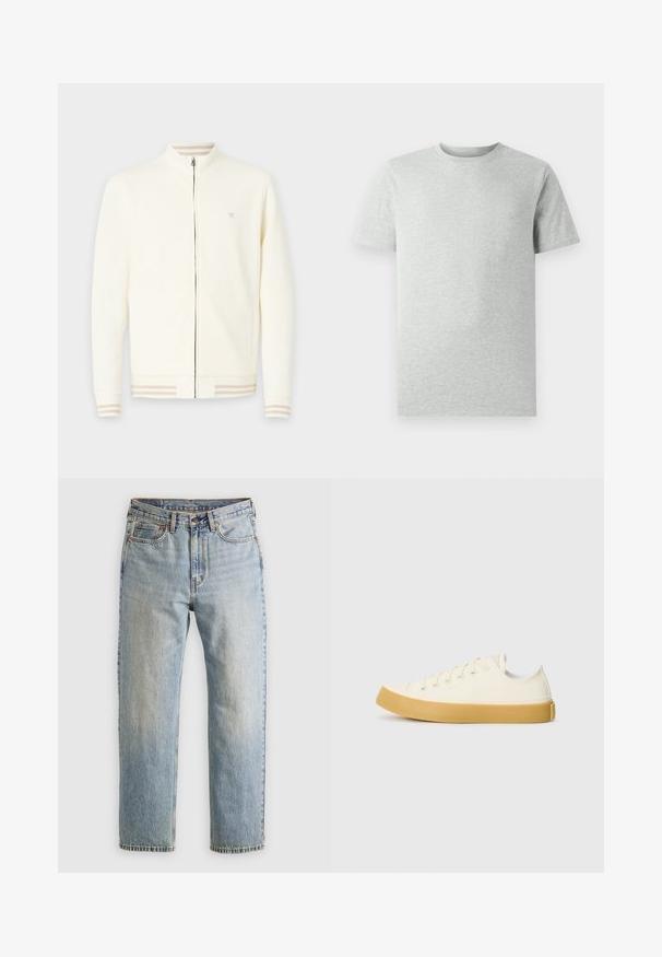 Cream-colored zip-up jacket made of soft fabric, featuring a high collar, ribbed cuffs with beige stripes, and a small logo on the chest.; Plain light gray short-sleeve crew neck T-shirt displayed on a white background, front view with no visible logos or designs.; Light blue denim jeans with high waist, front button, zipper, and five-pocket design, laid flat on a neutral background.; Canvas sneakers in off-white with a round toe, featuring beige rubber soles and five eyelets for laces, textured finish on the upper.