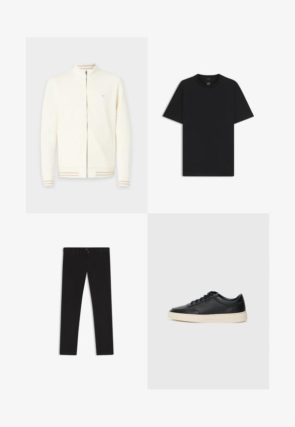 Kremowa kurtka zapinana na zamek, wykonana z miękkiego materiału, z wysokim kołnierzem, ściągaczami przy mankietach z beżowymi paskami oraz małym logo na piersi.; Czarny t-shirt krótki rękaw wykonany z gładkiej mieszanki bawełny, z okrągłym dekoltem i minimalistycznym designem bez wzorów czy akcentów.; Czarne spodnie uszyte z materiału o gładkiej teksturze. Posiadają zapięcie na guzik, szlufki na pasek oraz boczne kieszenie. Standardowy krój prostych nogawek.; Czarne niskie skórzane sneakersy z czarnymi sznurówkami i off-white podeszwą, prezentowane w profilu bocznym na białym tle.