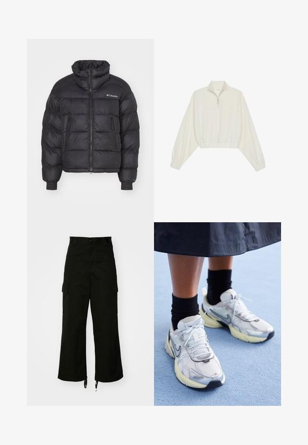 Melna pūkainā jaka ar augstu apkakli, quilted dizainu, rāvējslēdzēju priekšā un sānu kabatām; ar elastīgām aprocēm un zīmola logo uz krūšu.; Kreptais pusītes džemperis krēmkrāsā, ar augstu apkakli, puszipa aizdari, elastīgu apakšmalu un aprocēm, ar gludu tekstūru un minimālistisku dizainu.; Melnas kokvilnas cargos bikses ar platām kājām, sānu kabatām un ar auklām regulējamām apakšmalām. Dizains ietver pogu aizdari jostasvietā.; Baltie un sudraba Nike kedas ar tīkla audumu, atstarojošiem akcentiem un bēša zoli. Valkātas ar melnām zeķēm, stāvot uz zilas virsmas.