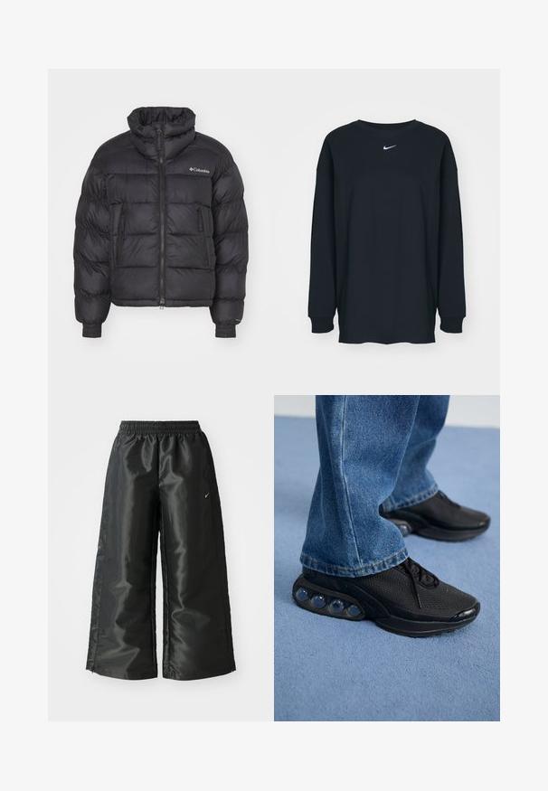 Črna puhovka z visokim ovratnikom, v pikčasti zasnovi, z zipom spredaj in stranskimi žepi; vsebuje elastične manšete in logotip blagovne znamke na prsih.; Črna dolgotrajna majica z dolgimi rokavi iz bombaža z okruglim izrezom. Ima bel Nike logo na prsih. Mehek material, preprost dizajn.; Črne atletske hlače iz sijočega, gladkega blaga, z elastiko v pasu, širokimi nogami in majhnim logotipom na levi strani.; Črne športne superge z mrežastim zgornjim delom, teksturiranimi poudarki in vidnimi zračnimi blazinicami v podplatu. Obute z modrimi kavbojkami.