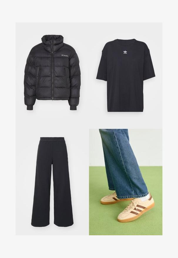 Veste doudoune noire avec col haut, design matelassé, fermeture éclair sur le devant et poches latérales ; elle présente des poignets élastiques et un logo de la marque sur la poitrine.; T-shirt en coton noir à manches courtes, col rond, avec un logo Adidas blanc sur la poitrine. Design simple, coupe décontractée.; Pantalons de survêtement larges noirs en tissu doux, dotés d'une taille élastique et d'un petit logo sur le côté gauche.; Baskets beiges avec des panneaux crémeux texturés et des rayures brunes, accompagnées d'un jean en denim bleu. Le jean a une coupe large et un ourlet effiloché.
